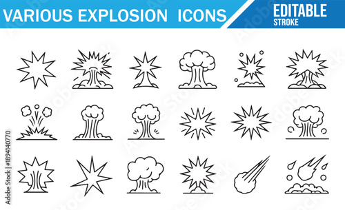 Burst and boom explosion icons. Set of outline vector symbols.