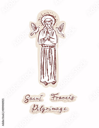 Saint Francis of Assisi hand drawn pilgrimage motif for pilgrimage flyer illustration. Isolated flat vector of patron saints of animals. Christian catholic pilgrim church announcement card