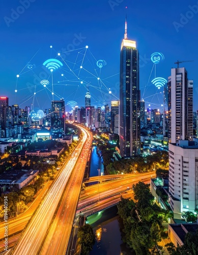 A vibrant, futuristic cityscape at night showcasing integrated wireless network connectivity above illuminated highways.