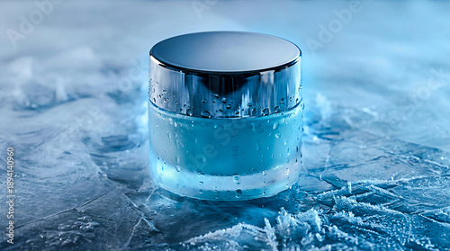 A jar of blue cream with a silver lid sits on a frosty surface covered in ice crystals