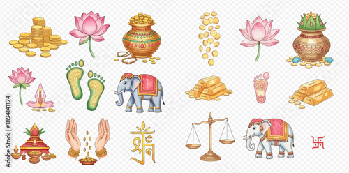 Hinduism Symbols and Religious Elements Collection for Diwali Celebration.