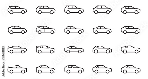 Set of line art car icons representing multiple vehicle types and styles