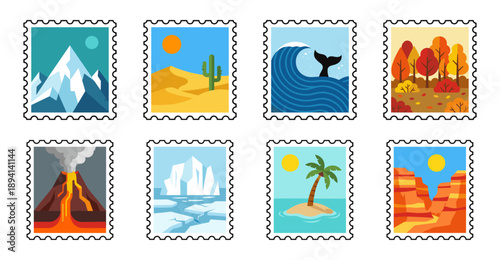Minimalist Flat Vector Nature Landscapes Postage Stamp Collection for Travel Stationery and Scrapbooking