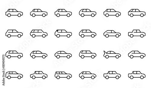 Comprehensive collection of thin line car icons showing diverse body styles and shapes in profile viewpoint