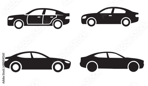 Solid black car silhouettes showing side view of sedan and sports car models for sleek automotive branding