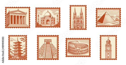 Vintage Engraving World Landmark Postage Stamp Collection for Travel Scrapbooking and Branding