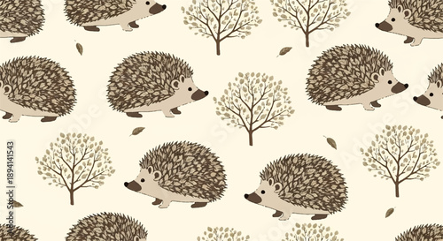 Cute hedgehog and tree vector seamless pattern on light beige background, autumn forest animal illustration for fabric, wallpaper, textile, kids design