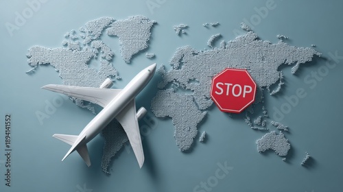 Airplane travel ban symbol with stop sign over world map--air traffic restriction concept
