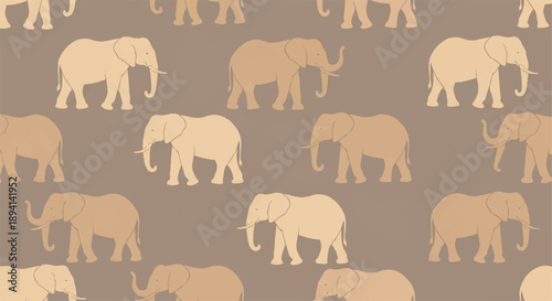 Vector seamless pattern of light brown elephants on a taupe background, safari animal texture for fabric, wallpaper, branding