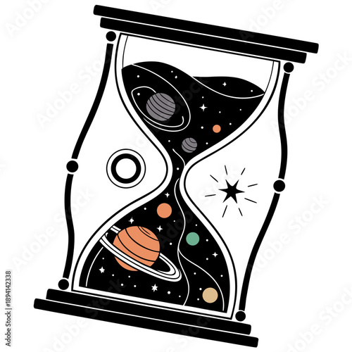 Cosmic Hourglass with Planets and Stars Representing Time