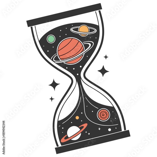 Cosmic Hourglass with Planets and Stars Representing Time