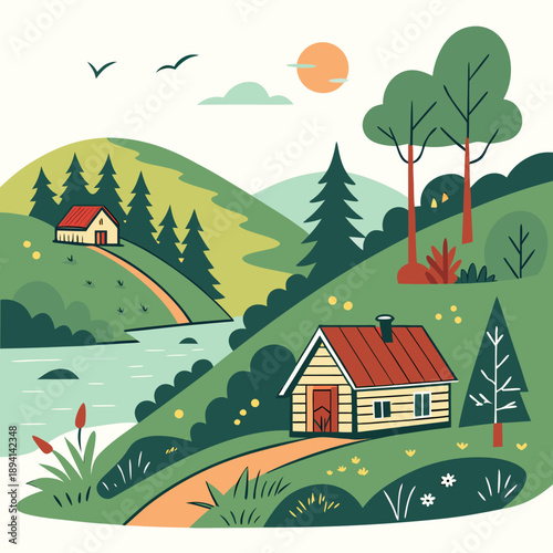 Eco Tourism Landscape Vector with Cottages and Lake Scenic View