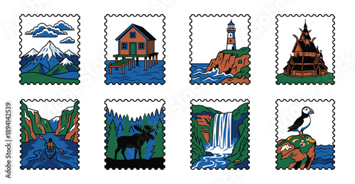 Minimalist Nordic Nature Landscape Postage Stamp Collection for Scandinavian Travel Branding and Stationery