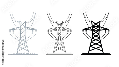 Electricity pylons, different styles shown in a row, power transmission towers. vector