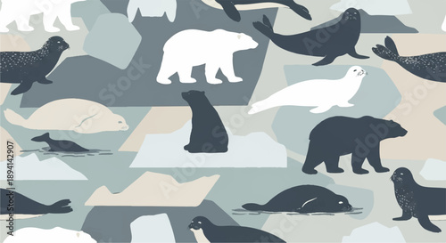 Arctic animals vector seamless pattern with polar bears, seals, and ice floes in blue and white tones