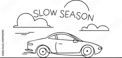 Car driving slowly on a road with clouds and sun in the sky