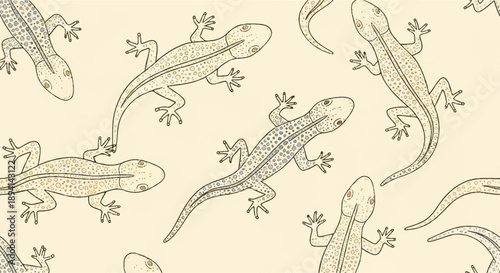 Seamless vector pattern of hand-drawn lizards and salamanders on a light cream background, reptile illustration for fabric or wallpaper
