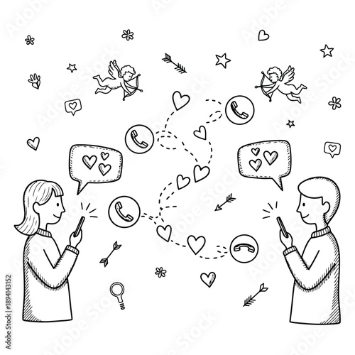 Two people using smartphones with love and hearts floating around them online dating