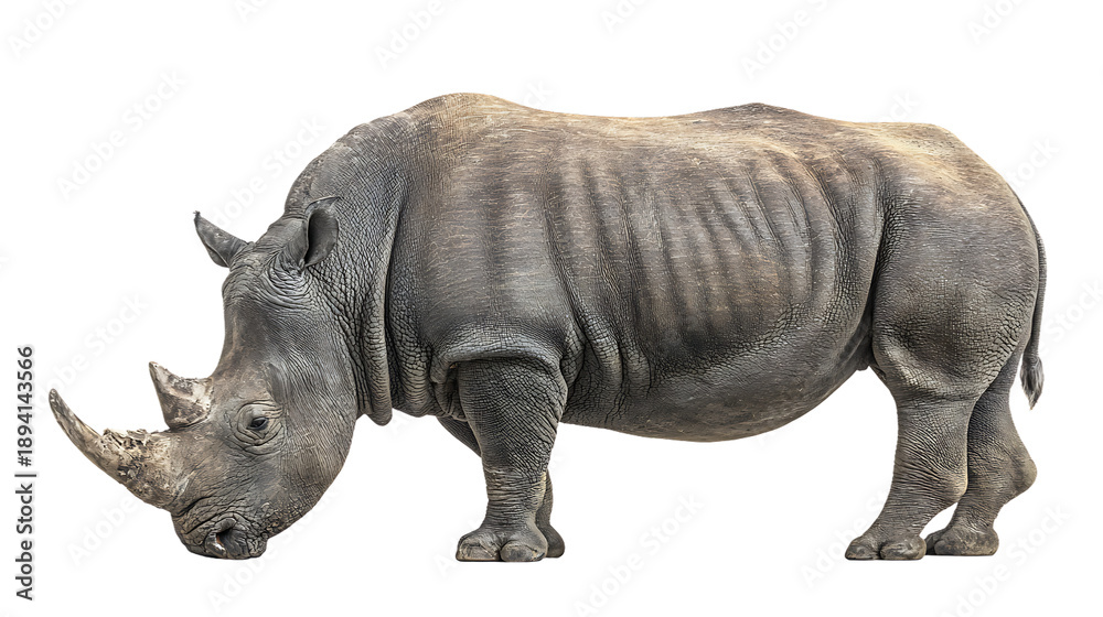 Obraz premium Gray rhinoceros standing isolated on transparent background with textured skin