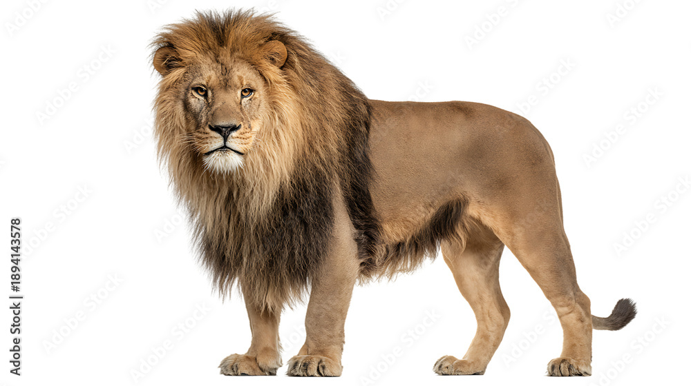 Obraz premium A male lion standing isolated on transparent background with a majestic mane