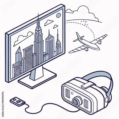 Virtual Reality Headset in Immersive Environment Vector Art