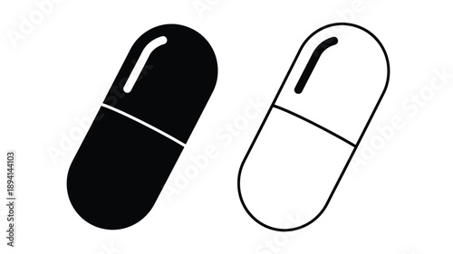 Two capsule shaped pills one solid and one open silhouette