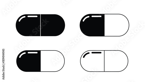 Four capsule pills half filled black and white silhouette