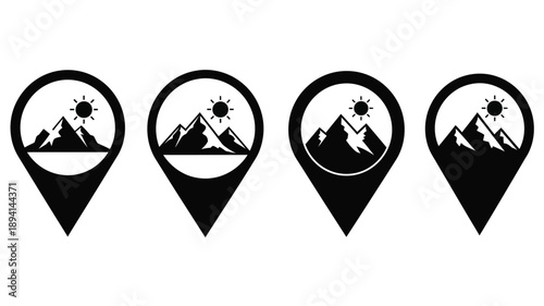 Four mountain location pins depicted in a striking black silhouette