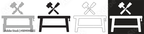 Simple icons of a workbench with tools for craft and construction