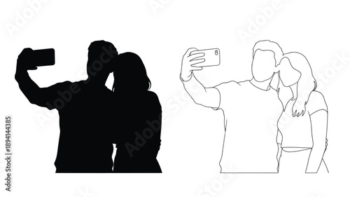 Couple taking a selfie contrasting outlines and a dark silhouette