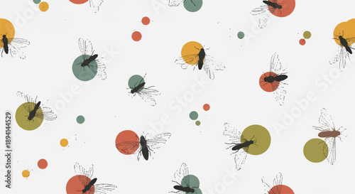 Vector seamless pattern with black flying insects and colorful muted earth tone circles on white background, nature illustration