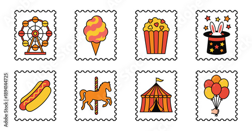 Flat Line Art Carnival and Fairground Postage Stamp Collection for Summer Event Stationery