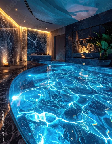 Luxurious indoor spa area featuring a brightly lit blue pool surrounded by dark marble.