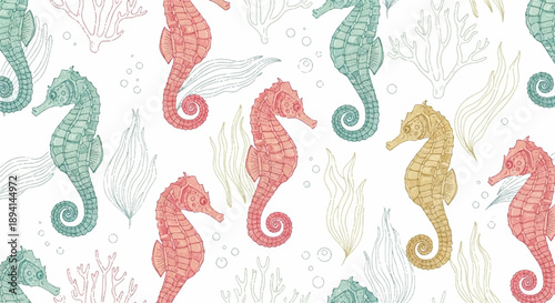Vector seamless pattern with hand drawn pastel seahorses, coral, and seaweed on white background. Underwater marine life illustration.