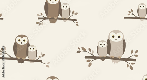 Vector seamless pattern with brown and beige owls, mother and baby, sitting on tree branches. Cute animal illustration background.
