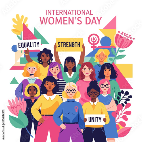 International Women's Day: A vibrant illustration celebrates International Women's Day with a diverse group of women united in solidarity, holding signs promoting equality, strength.