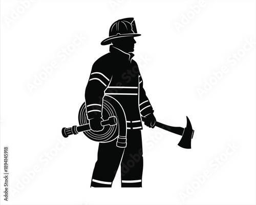 Heroic Profile with Axe Vector Silhouette illustration design, heroic firefighter silhouette, firefighter profile silhouette, firefighter with axe silhouette, fireman heroic stance vector, firefighter