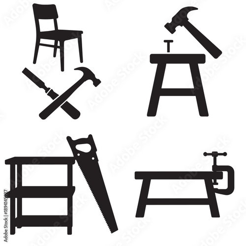 Collection of woodworking tools and furniture elements