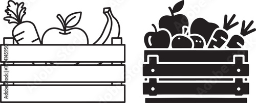 Fruit and Vegetable Crate Icons, Organic Produce, Farm Fresh, Minimal Vector Set