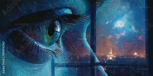 A fantasy concept art illustration of a blue human eye in the sky and the eye of the man merging with space and nature to reveal a beauty of light, smoke, and science in a woman's face design.