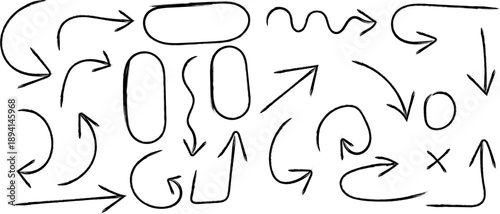 A collection of hand drawn black lines and shapes featuring various arrows loops and abstract forms on a white background high quality professional