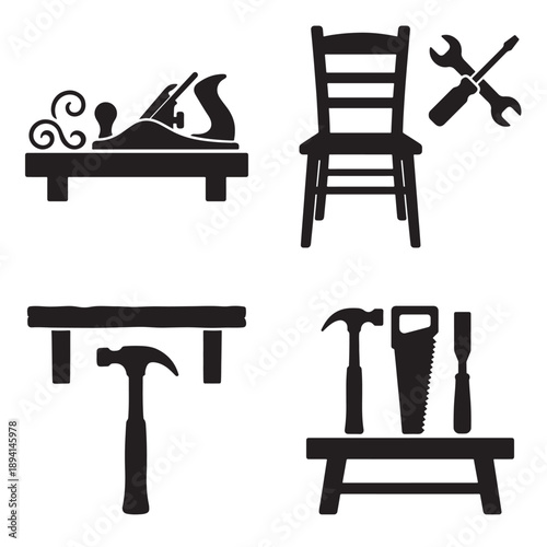 Workshop icons with woodworking and repair tools for craft and DIY projects.