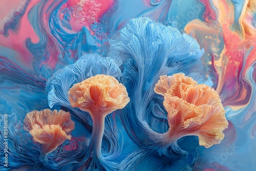 Abstract coral-like forms in vibrant blue and peach hues against a swirling, colorful background. The image evokes a sense of underwater fantasy or a microscopic world.