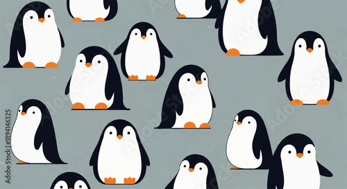 Cute cartoon penguin vector pattern on grey background for fabric, wallpaper, textile, kids design
