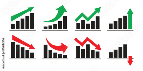 Graph going Up and Down sign with green and red arrows vector. Flat design vector illustration concept of sales bar chart symbol icon with arrow moving down and sales bar chart with arrow moving up