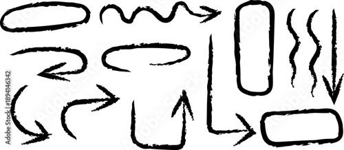 A collection of crudely drawn black and white abstract shapes and arrows on a plain white background resembling quick sketches high quality professional