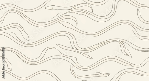 Vector seamless pattern with swimming eels or sea snakes on a light beige background, hand-drawn outline illustration for fabric, wallpaper, textile