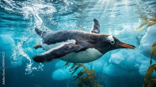 Eselspinguin jagt mit hoher Geschwindigkeit unter Wasser im eisigen Ozean der Antarktis.
