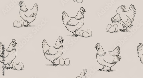 Hand-drawn vector chicken and egg seamless pattern on light beige background, farm animal poultry illustration for fabric, wallpaper, packaging
