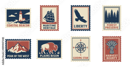 Vintage Outdoor Adventure Postage Stamp Collection for Travel Stationery and Scrapbooking Design Assets